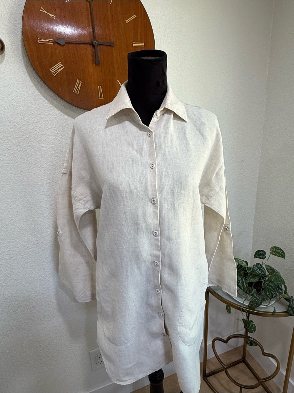 100% Linen Tunic Shirt Dress  Natural Beige Size 0